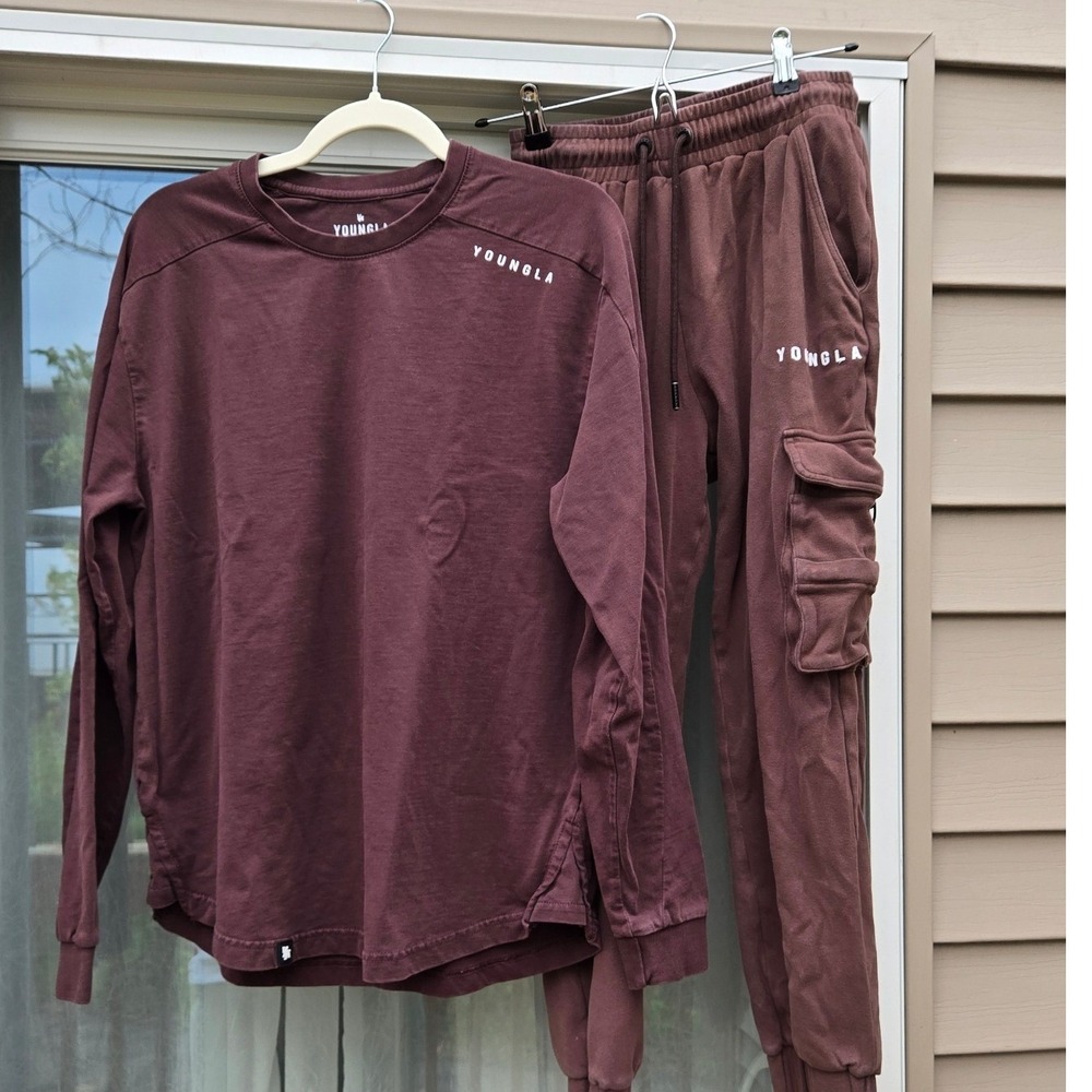 YoungLA Mens Chocolate Brown Matching Set Long Sleeve Top Cargo Joggers Small